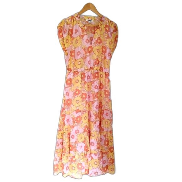 Steve Madden Pink and Yellow Flutter Sleeve Sundress Leigh Midi Chiffon Floral M - Picture 5 of 14